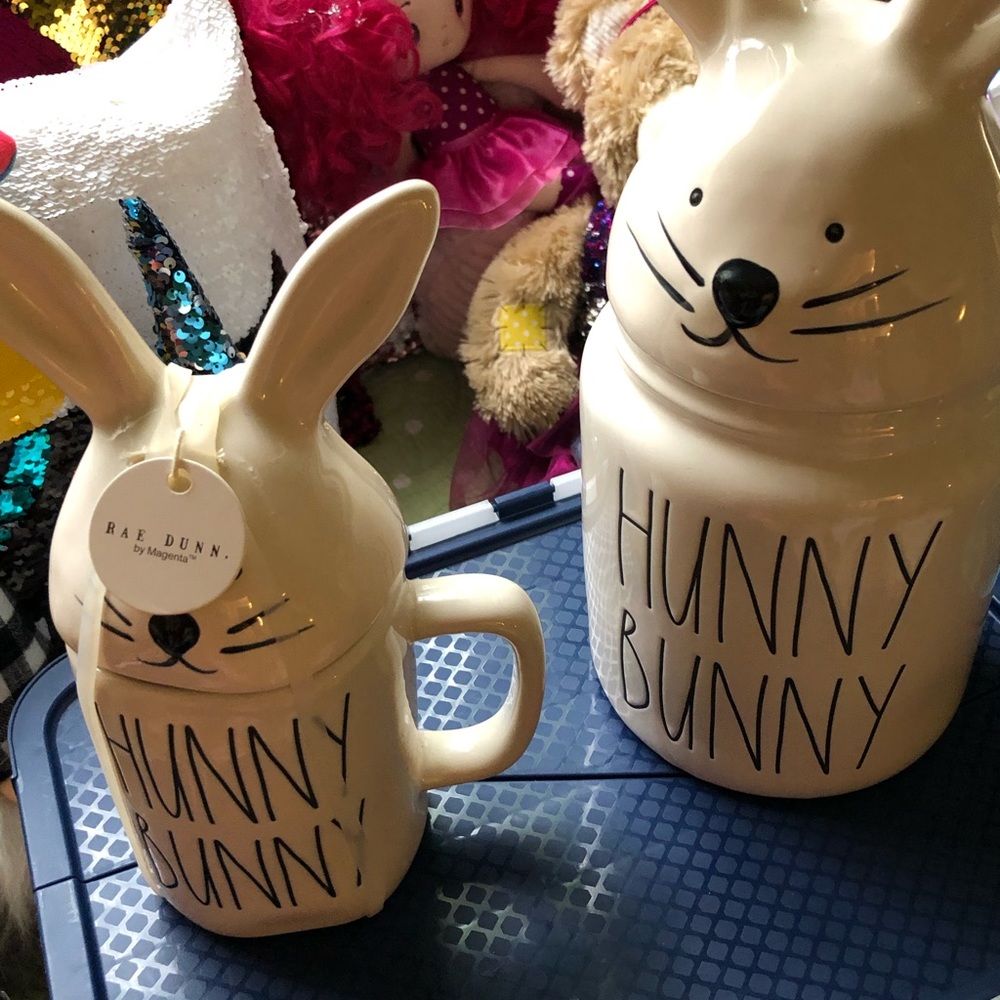 Brand new Rae Dunn Hunny Bunny Cookie Jar and Matching Mug with Topper